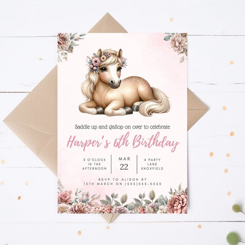 girls 6th birthday invitation with a cute palomino pony laying down with flowers in her mane, and a border of flowers at the bottom of the page
