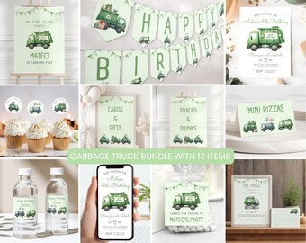 May include: A green and white garbage truck themed party printable bundle with 12 items. The bundle includes a welcome sign, a birthday banner, invitations, cupcake toppers, water bottle labels, a sign for snacks and drinks, a sign for mini pizzas, a thank you tag, and a time capsule printable. The text on the welcome sign says "Welcome to the party! Mateo is turning five". The text on the birthday banner says "Happy Birthday". The text on the invitation says "Save everything for Mateo's 4th Birthday". The text on the thank you tag says "Thanks for coming to Mateo's party". The text on the time capsule printable says "Time Capsule".