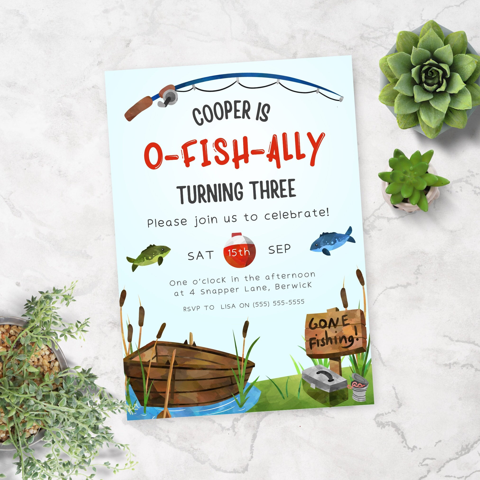 Ofishally Three Invite | Gone Fishing Birthday Invitation | Reel in the ...