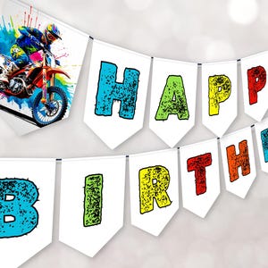 Banner de cumpleaños de motocross / Decoración de fiesta de motos de cross / Plantilla editable / Decoraciones de motos de cross / Banner de cumpleaños de niños / Descarga instantánea