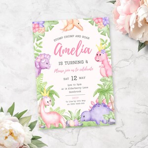 Girls 4th Birthday Dino Invitation | Pink Dinosaur 4th Birthday Invite | T Rex | Editable Invite | Instant Download | Dino Party Theme
