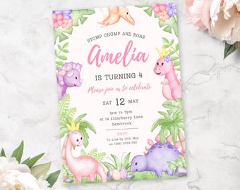 Convite de Dino do aniversário das meninas 4o | Aniversário do dinossauro cor-de-rosa o 4o convida de <br> Entrega Rápida? T-Rex | Convite Editável | Download instantâneo | Tema Festa Dino