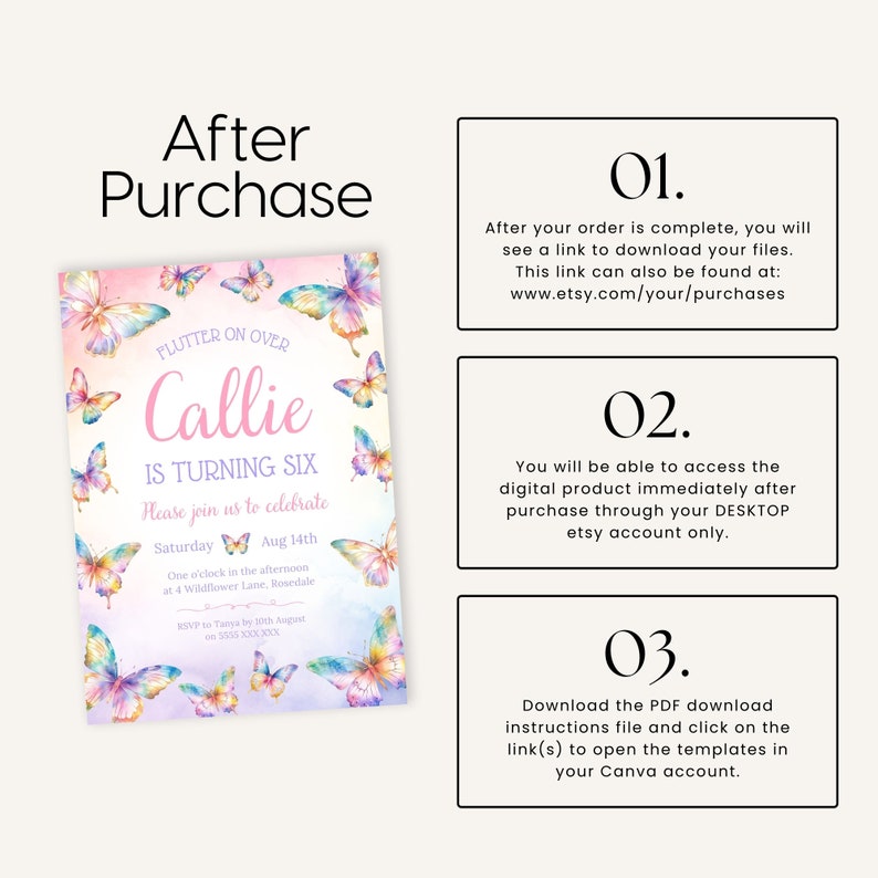 Puede incluir: Una invitaci&oacute;n digital imprimible para una fiesta de cumplea&ntilde;os. La invitaci&oacute;n presenta un fondo de acuarela con mariposas en tonos de rosa, azul y morado. El texto de la invitaci&oacute;n dice: "Flutter on over Callie is turning six. Please join us to celebrate. Saturday Aug 14th. One o'clock in the afternoon at 4 Wildflower Lane, Rosedale. RSVP to Tanya by 10th August 5335 XXX XXX."