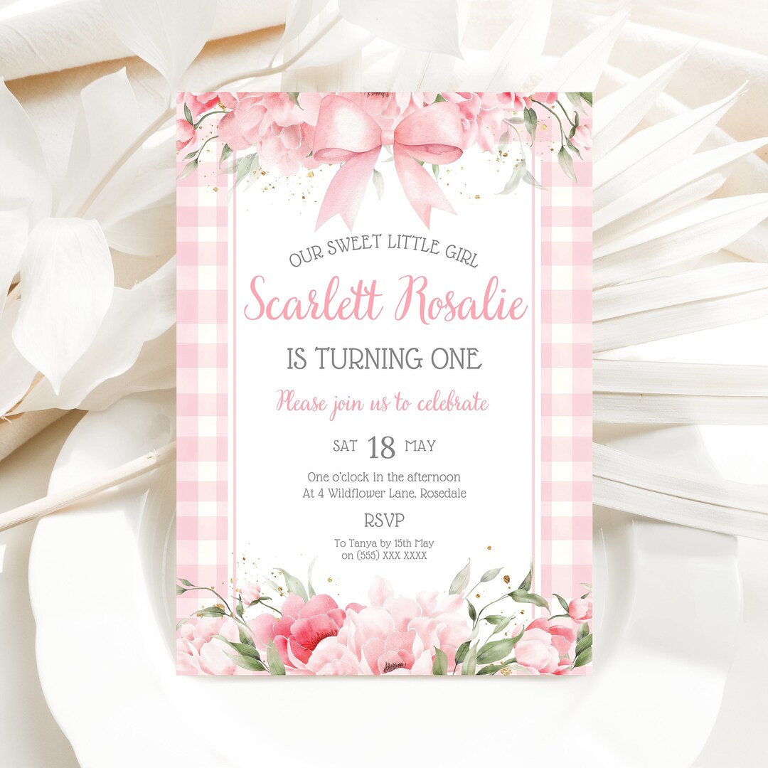 Bow Pink Gingham Birthday Invite | Girl Birthday Invitation | First ...