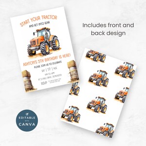 May include: Editable tractor birthday party invitation with a watercolor illustration of a tractor and hay bales. The invitation includes the text "Start your tractor and get into gear" and "Ashton's 5th birthday is here!" The back of the invitation features a repeating pattern of tractors.