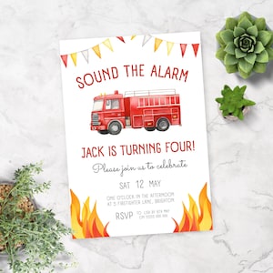 Fire Truck Birthday Invite 4th | Editable Firefighter Invitation | Printable Template | Boys Fire Engine Party | Sound the Alarm