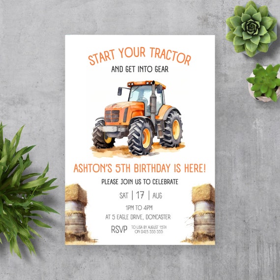 Orange Tractor Birthday Invite | Farm Party Invitation Template | Farm Birthday Invite | Tractor Party | Tractor Invitation