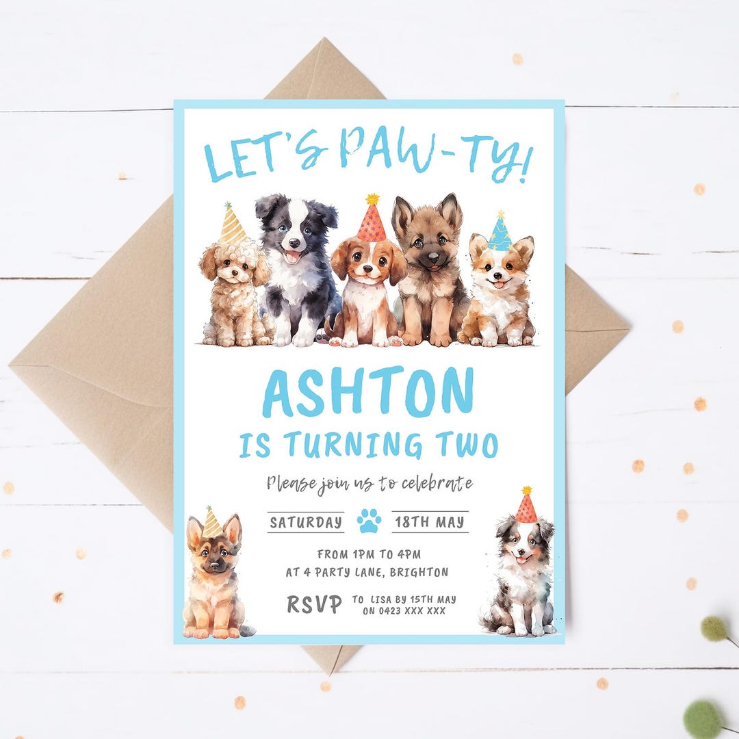 Dog Birthday Invitation | Canva Template | Boys Puppy Theme Party ...