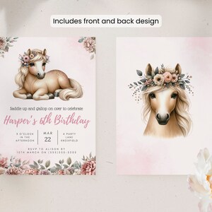 girls 6th birthday invitation with a cute palomino pony laying down with flowers in her mane, and a border of flowers at the bottom of the page