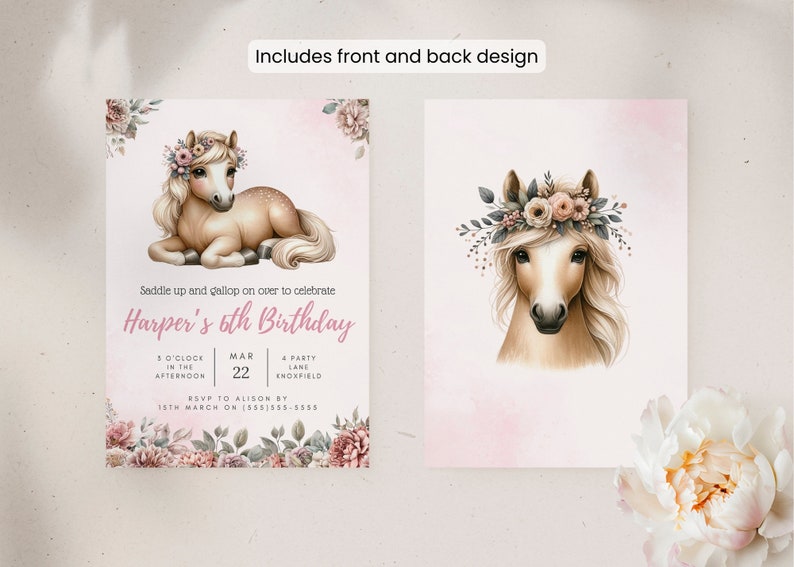 girls 6th birthday invitation with a cute palomino pony laying down with flowers in her mane, and a border of flowers at the bottom of the page