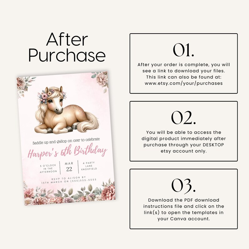 May include: A pink and white printable invitation for a 6th birthday party. The invitation features a cartoon illustration of a brown and white pony with a pink flower crown. The text on the invitation reads "Saddle up and gallop on over to celebrate Harper's 6th Birthday".