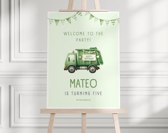 Signo de bienvenida de la fiesta del camión de basura 18x24" / Plantilla de signo de bienvenida del camión de basura / Cumpleaños del camión de basura / Signo de cumpleaños del camión de basura editable