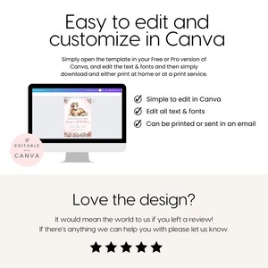 May include: Editable Canva template for a unicorn birthday party invitation. The invitation features a pink and white unicorn with a floral background. The text on the invitation reads "Harper's 1st Birthday".