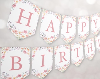 Bunting de cumpleaños salvaje y onederful / Banner de cumpleaños de flores silvestres editables / Descarga instantánea / Decoración de fiesta de 1er cumpleaños para niñas / Floral rosa