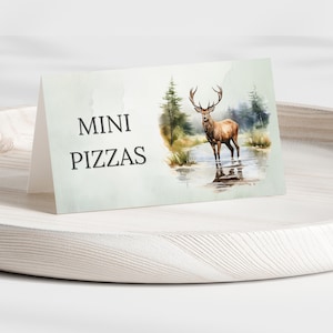 Tarjeta de buffet de caza de ciervos The Big One de 3,5 x 2 pulgadas / Etiqueta de comida editable / Decoraciones de cumpleaños de ciervos para niños / Decoración de despedida de soltero / Descarga instantánea