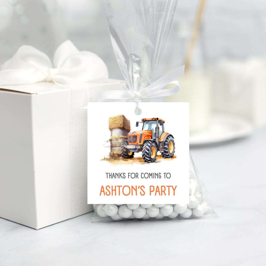 Orange Tractor Favor Tag | Farm Birthday Party Gift Tag | Tractor Thank ...
