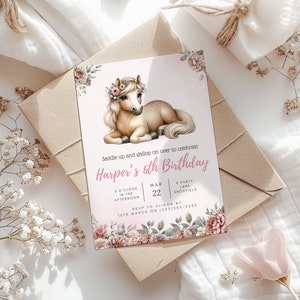 girls 6th birthday invitation with a cute palomino pony laying down with flowers in her mane, and a border of flowers at the bottom of the page