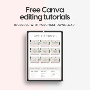 May include: A tablet screen displaying a Canva editing tutorial with the title "How to Videos". The tutorial includes nine video thumbnails with titles such as "Load your design in Canva", "How to edit your text in Canva", and "How to change the background colour in Canva". The screen also includes a section titled "Best Way to Export the Final Files" with options for printing at home, printing at a shop, and digital download.