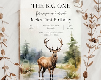 Hirsch erster Geburtstagseinladung, bearbeitbares Jagdthema einladen, Weißwedelhirsch, Jungenparty, Sofort-Download, Jungen 1.Geburtstag, Buck Hirsch