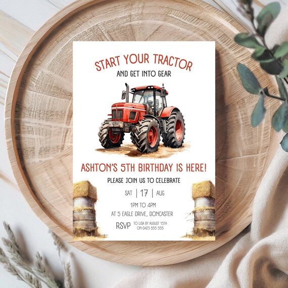 Red Tractor birthday invite | Farm birthday invitation download | Birthday boy invite any age | Canva template download | Farm party