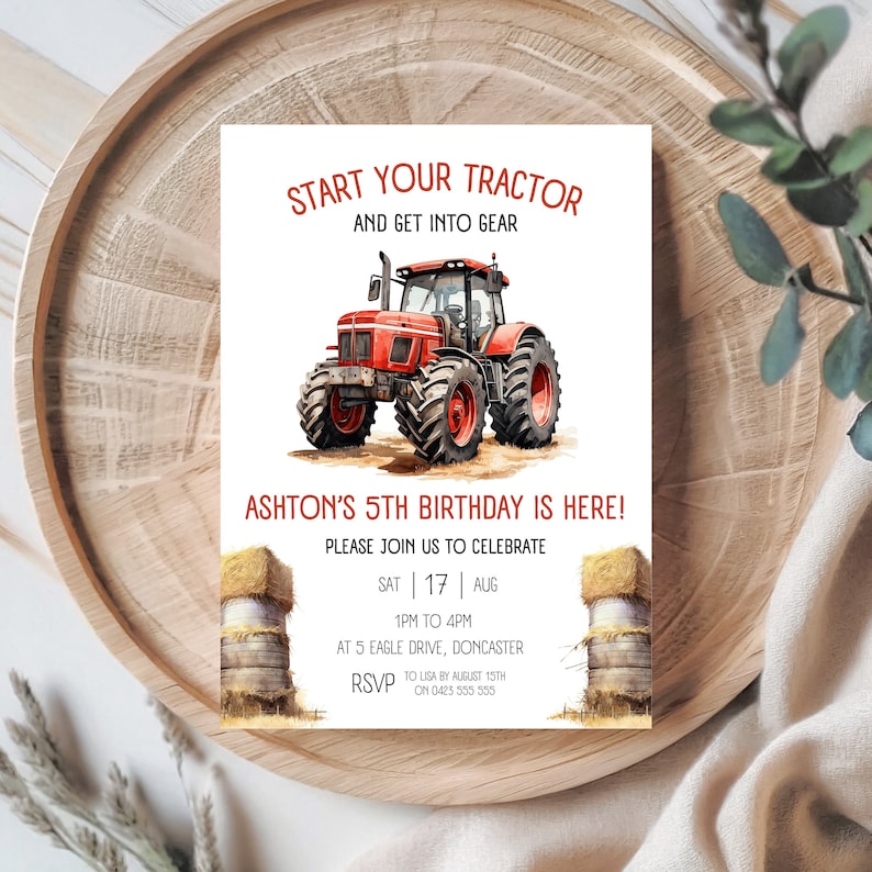 red tractor boys birthday invitation