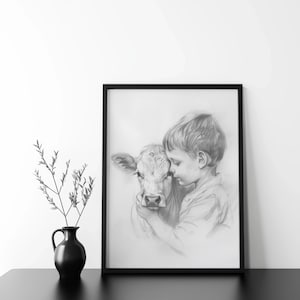 Junge und Kalb, Kohle Skizze Bild, druckbare digitale Kunst Bild