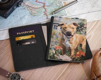 Pitbull Dog with Flowers Passport Holder and Cover