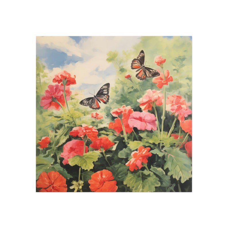 Geranium Flowers and Butterflies Extra Large Square Magnet Matte Finish, Garden Flower Magnet image 2