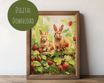 Bunnies and Strawberries Digital Download Wall Art, Bunny Rabbit Wall Art Print for Country Cottage or Nursery