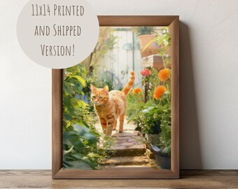 Orange Cat in Flower Garden 11x14 Physical Wall Art Print