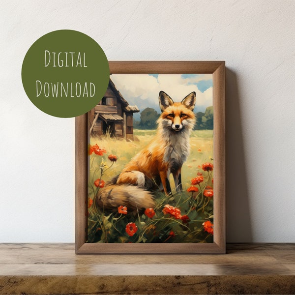 Fox Sitting in a Field of Poppies Digital Download Wall Art Print, The Country Fox