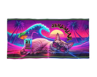 Toalla de playa con gafas de sol de gato retro / Ondas de atardecer estilo vaporwave neón