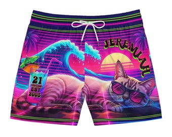 Retro Vaporwave Cat Sunglasses Swim Shorts | Neon Sunset Beach AOP