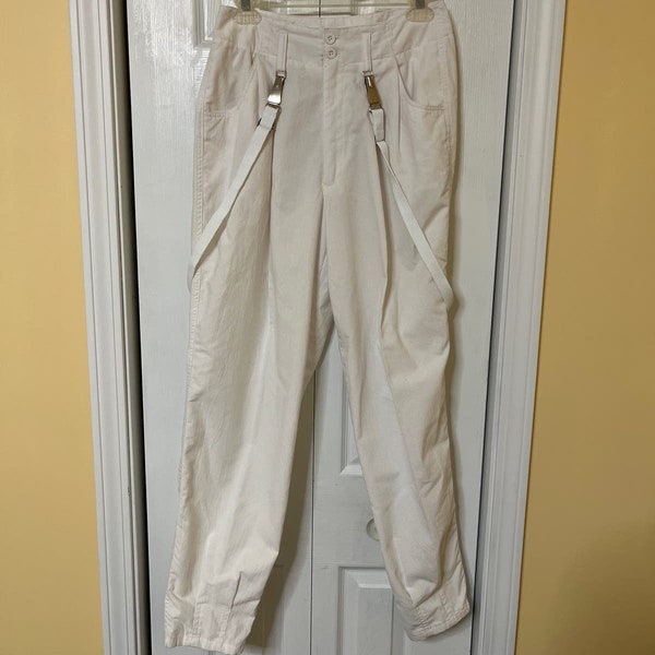 Vintage 90’s Bugle Boy Juniors White Taper Leg Pants with Suspenders Women's