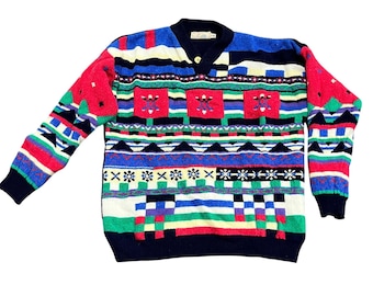 Vintage PACO Geometric Abstract Lambswool Knit Sweater Size L/XL Unisex Winter