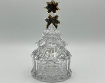 Vtg Mikasa 7" Christmas Tree Candy Nut Dish Cut Glass Crystal Gold Stars w/ Lid