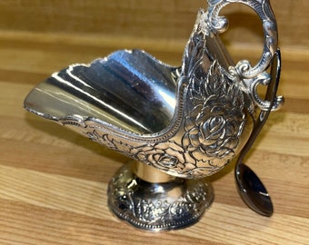 Bol à sucre avec cuillère en métal argenté Mid-Century vintage