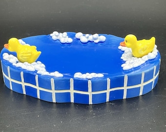 Vintage 3D Keramik Gelb Gummi Ente Blau Bad Seifenschale Trinket Tablett Neuheit