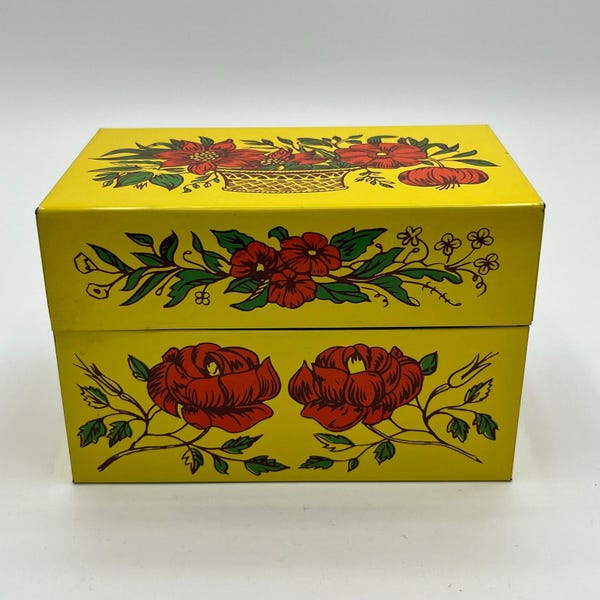 Vintage 1970's Flowers Yellow Syndicate Manuf. Decorative Metal Recipe Box