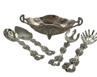 Vtg Godinger Silver Plated Footed Bowl & Set of 4 Serving Utensils Grape Pattern