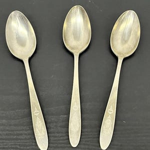 May include: Three silver spoons with elongated bowls and slender handles. Each spoon features a decorative emblem near the base of the handle. The spoons are arranged on a dark surface, highlighting their reflective qualities.