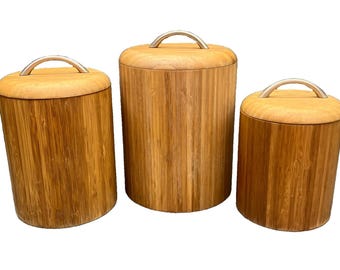 VTG 3-Piece Bamboo Kitchen Canister Set Inserts Lids & Metal Handles Cottagecore