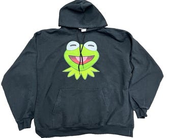 Vintage 90s Kermit the Frog Black Hooded Pullover Sweatshirt Size XL Muppets