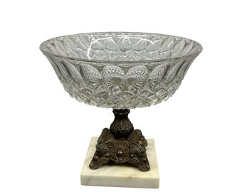 Vtg Hollywood Regency 8" Crystal Bowl Brass Pedestal Carrara Marble Base Italy