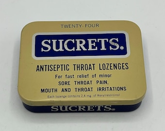 Vintage jaren 1960 Sucrets Antiseptische keeltabletten Lege blikken scharnierende doos Quinton Co