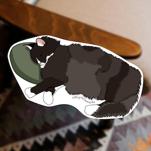 May include: A black and white cat with a fluffy tail is sleeping on a green pillow. The cat is curled up in a ball and has its eyes closed.