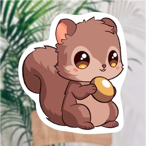 Kawaii Eichhörnchen Buddy Aufkleber - niedlicher Vinyl Tier Aufkleber, Cartoon Eichhörnchen mit Nuss, langlebig & wasserfest