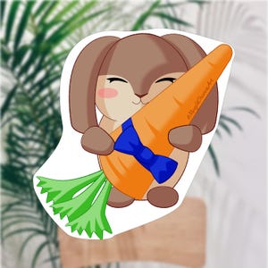 Kawaii Bunny with Carrot Sticker - Adorable Floppy-Eared Rabbit Vinyl Decal, Cute Animal Design, Durable & Water-Resistant