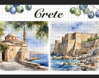 Crete CHANIA HERAKLION Watercolor postcard