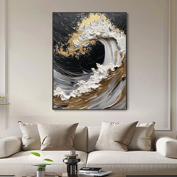 Tableau 3D Vagues Blanches Art Abstrait Doré Déco Murale Luxe Grande Toile pour Table Basse Noire Art Contemporain Couteau Texture Lourde